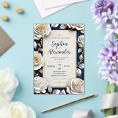 Elegant White and Gold Rose on Navy Blue アクリル招待状 (インサイチュ (ウェディング))