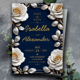 Elegant White and Gold Rose on Navy Blue アクリル招待状