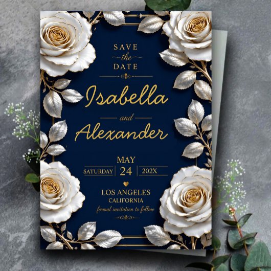 Elegant White and Gold Rose on Navy Blue アクリル招待状