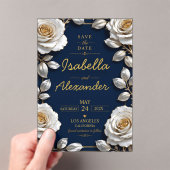 Elegant White and Gold Rose on Navy Blue アクリル招待状 (インサイチュ (ポータブル))