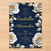 Elegant White and Gold Rose on Navy Blue アクリル招待状 (正面)
