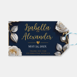 Elegant White and Gold Rose on Navy Blue ギフトタグ
