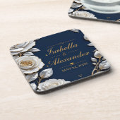 Elegant White and Gold Rose on Navy Blue  コースター (左側)
