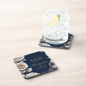 Elegant White and Gold Rose on Navy Blue  コースター (右側)