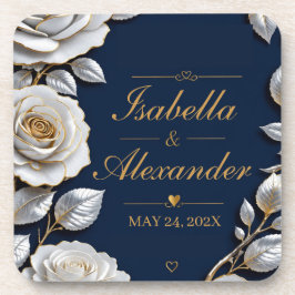 Elegant White and Gold Rose on Navy Blue コースター