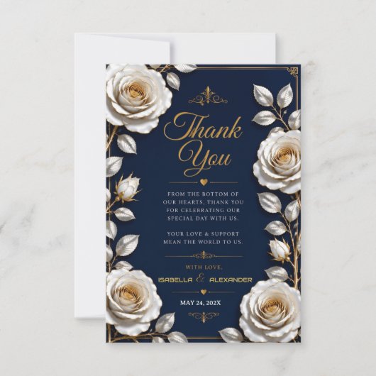 Elegant White and Gold Rose on Navy Blue サンキューカード (正面)