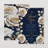 Elegant White and Gold Rose on Navy Blue サンキューカード (正面/裏面)