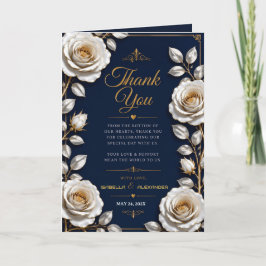 Elegant White and Gold Rose on Navy Blue サンキューカード