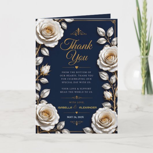 Elegant White and Gold Rose on Navy Blue サンキューカード (正面)