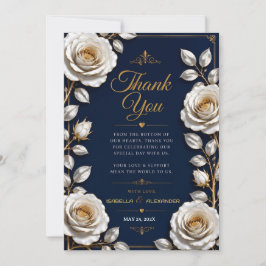 Elegant White and Gold Rose on Navy Blue サンキューカード