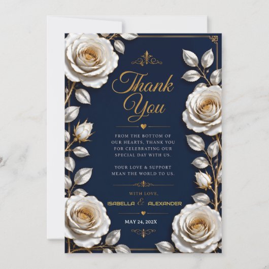 Elegant White and Gold Rose on Navy Blue サンキューカード (正面)