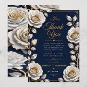 Elegant White and Gold Rose on Navy Blue サンキューカード (正面/裏面)