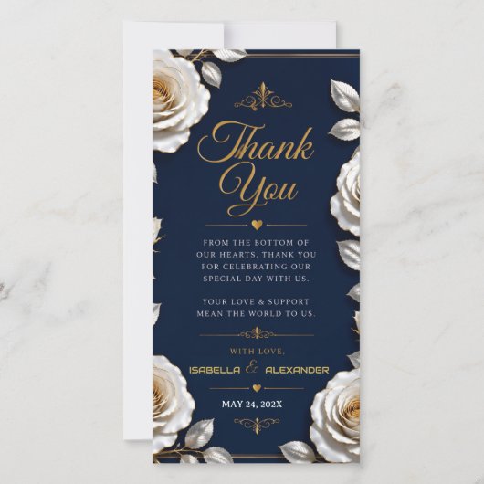 Elegant White and Gold Rose on Navy Blue サンキューカード (正面)