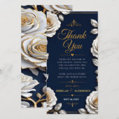 Elegant White and Gold Rose on Navy Blue サンキューカード (正面/裏面)