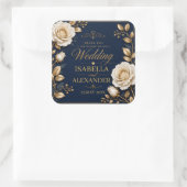 Elegant White and Gold Rose on Navy Blue スクエアシール (バッグ)