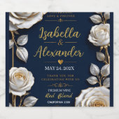Elegant White and Gold Rose on Navy Blue スパークリングワインラベル (シングルラベル)