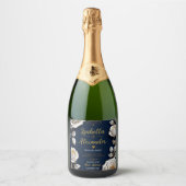 Elegant White and Gold Rose on Navy Blue スパークリングワインラベル (正面)