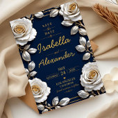 Elegant White and Gold Rose on Navy Blue  セーブザデート