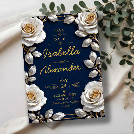 Elegant White and Gold Rose on Navy Blue セーブザデート