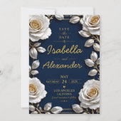 Elegant White and Gold Rose on Navy Blue  セーブザデート (正面)