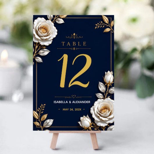 Elegant White and Gold Rose on Navy Blue  テーブルナンバー