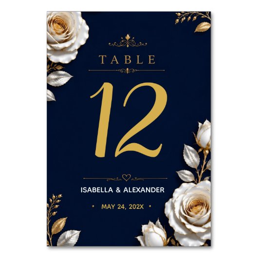 Elegant White and Gold Rose on Navy Blue テーブルナンバー (正面)