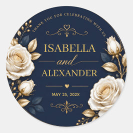 Elegant White and Gold Rose on Navy Blue ラウンドシール