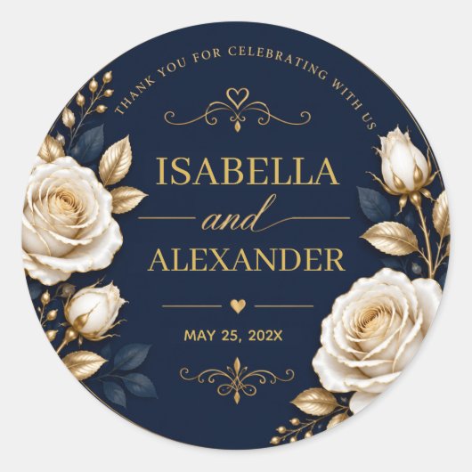 Elegant White and Gold Rose on Navy Blue ラウンドシール (正面)