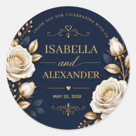 Elegant White and Gold Rose on Navy Blue ラウンドシール