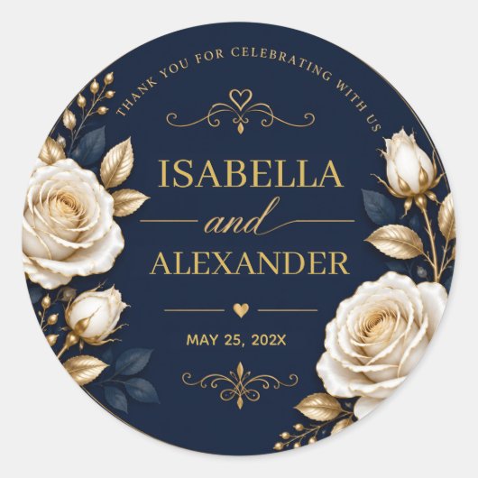 Elegant White and Gold Rose on Navy Blue ラウンドシール (正面)