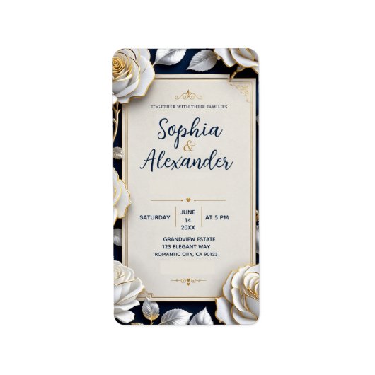 Elegant White and Gold Rose on Navy Blue  ラベル (正面)