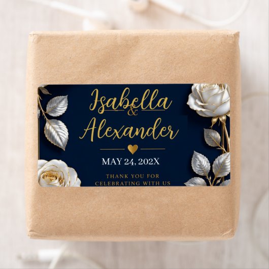 Elegant White and Gold Rose on Navy Blue ラベル (インサイチュ)