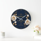 Elegant White and Gold Rose on Navy Blue ラージ壁時計 (ホーム)