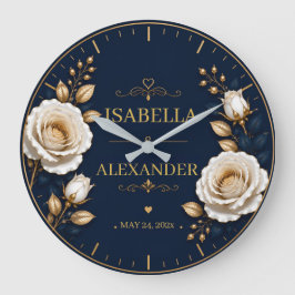 Elegant White and Gold Rose on Navy Blue ラージ壁時計