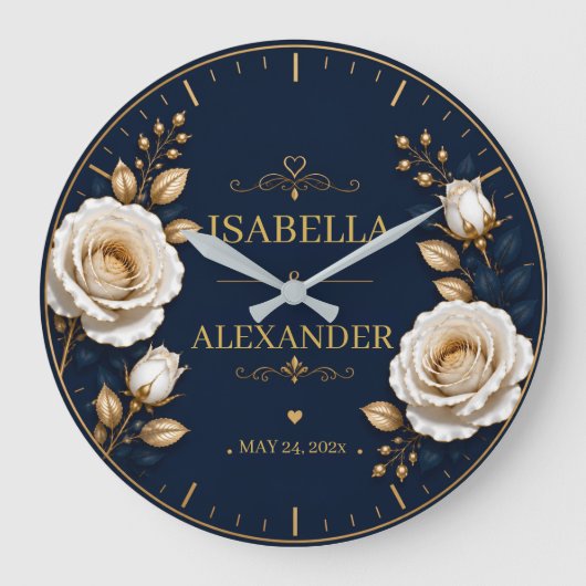 Elegant White and Gold Rose on Navy Blue ラージ壁時計 (正面)