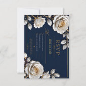 Elegant White and Gold Rose on Navy Blue 出欠カード (正面)