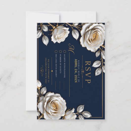 Elegant White and Gold Rose on Navy Blue  出欠カード (正面)