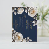 Elegant White and Gold Rose on Navy Blue 出欠カード (スタンド正面)