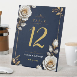 Elegant White and Gold Rose on Navy Blue 台座サイン