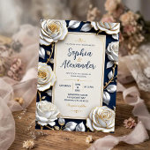 Elegant White and Gold Rose on Navy Blue 招待状