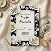 Elegant White and Gold Rose on Navy Blue 招待状