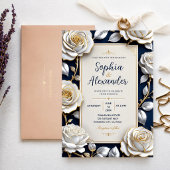 Elegant White and Gold Rose on Navy Blue 招待状