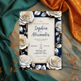 Elegant White and Gold Rose on Navy Blue 招待状
