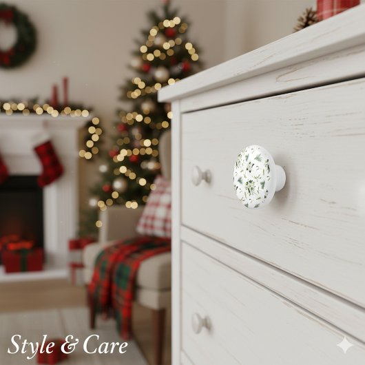 Elegant White and Green Floral Illustrated Ceramic セラミックノブ