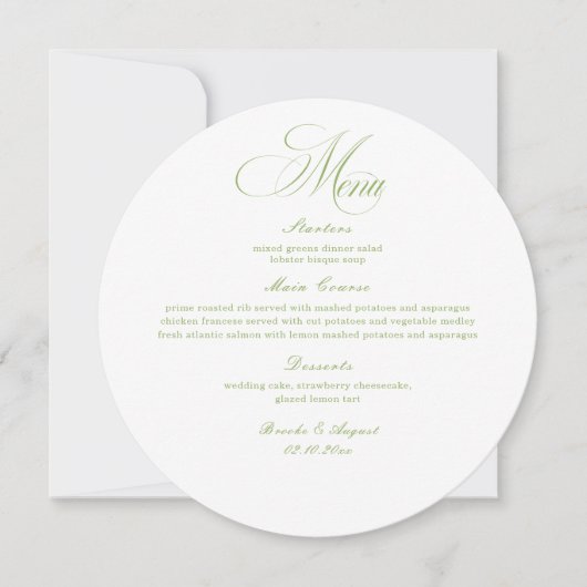 Elegant White and Green Wedding Menu Circle Card (正面)