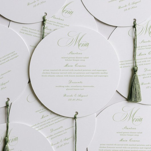 Elegant White and Green Wedding Menu Circle Card