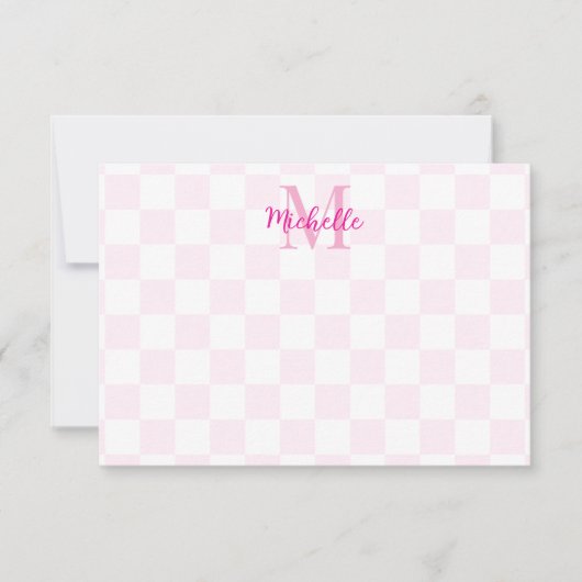 Elegant White and Pink Checkerboard Custom Name ノートカード (正面)