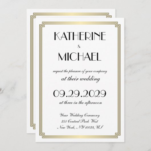 Elegant White Art Deco Wedding Invitations 招待状 (正面/裏面)