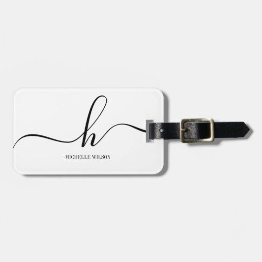 Elegant White Black Monogram Initial Script Name ラゲッジタグ (正面横)