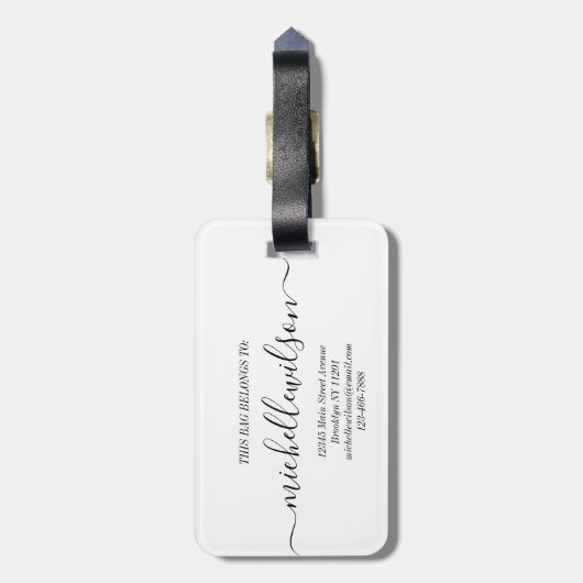 Elegant White Black Monogram Initial Script Name ラゲッジタグ (裏面縦)